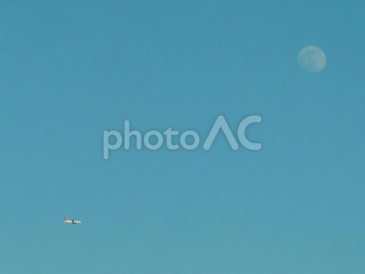 昼の月と飛行機 飛行機,月,空の写真素材