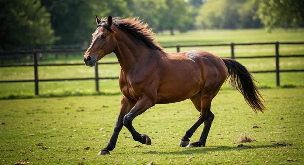晴れた日の牧場を力強く走る馬 晴れた日の牧場を力強く走る馬の写真