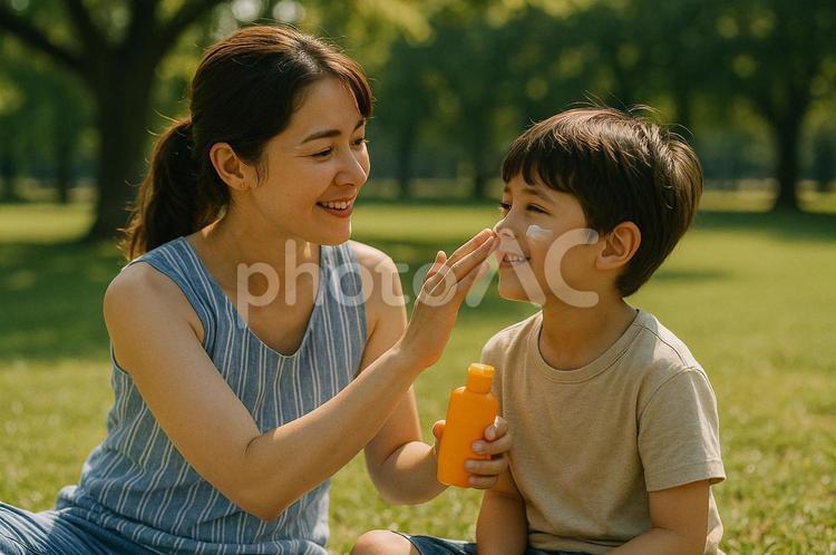 親子でUVケア-男の子 uvケア,紫外線,夏の写真素材