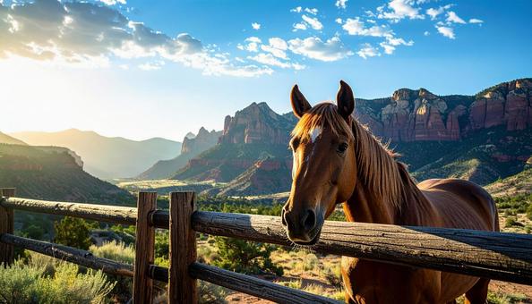 牧場の柵から顔をのぞかせる馬の写真