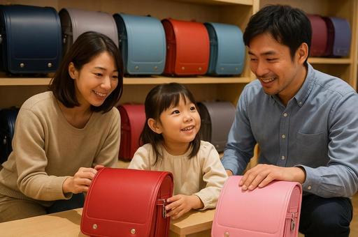 ランドセルを選ぶ親子 ランドセルを選ぶ親子の写真