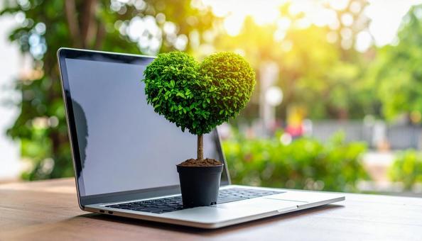 ハート型の小さな木とノートパソコン ハート型の小さな木とノートパソコンの写真