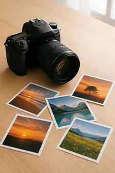 机の上の一眼レフカメラと風景写真 机の上の一眼レフカメラと風景写真の写真