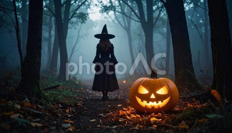 ハロウィンかぼちゃと魔女　怪しい森 ハロウィン,かぼちゃ,ジャックオランタンの写真素材