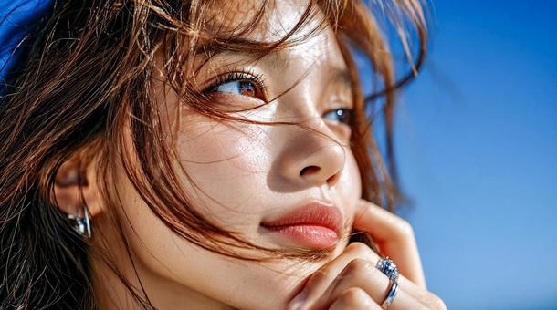 風を感じる女性の表情アップポートレート 風を感じる女性の表情アップポートレートの写真