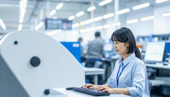 工場の三次元測定機を使う作業服の女性 工場の三次元測定機を使う作業服の女性の写真