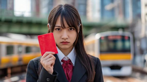 レッドカードを掲げる女子高生と電車2の写真