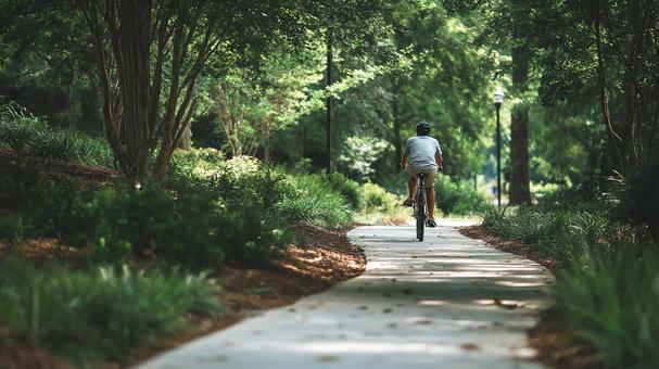 緑豊かな道をサイクリングする人 緑豊かな道をサイクリングする人の写真