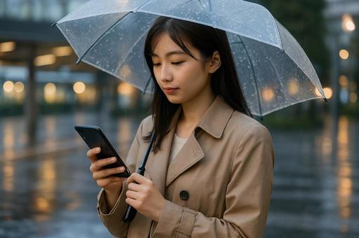 雨の中スマホを見る女性 雨の中スマホを見る女性の写真