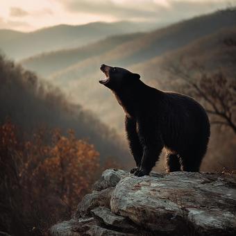 岩の上に立つ、咆哮する美しいクロクマの姿 岩の上に立つ、咆哮する美しいクロクマの姿の写真