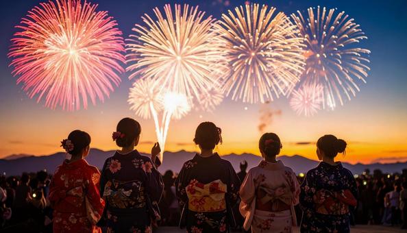 打ち上げ花火を見る女性 打ち上げ花火を見る女性の写真