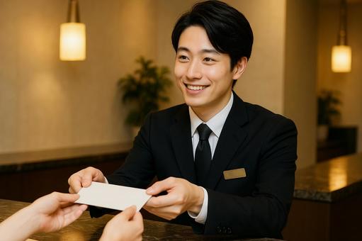 受付をするホテルのフロントスタッフの写真