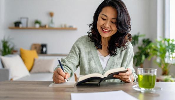 テキストを開きノートに書く日本人女性 テキストを開きノートに書く日本人女性の写真