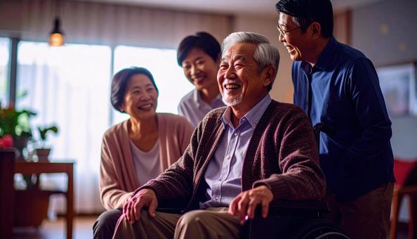 介護施設のシニア男性と見舞いに来た家族 介護施設のシニア男性と見舞いに来た家族の写真