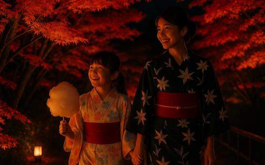 AI生成|夜の紅葉と浴衣親子 AI生成|夜の紅葉と浴衣親子の写真