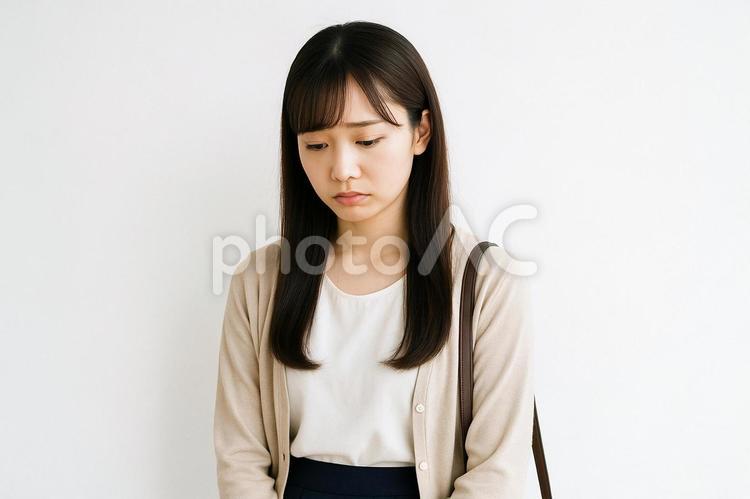 白背景でしょんぼり女性素材 女性,落ち込む,不安の写真素材