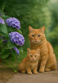 紫陽花と茶トラ親子猫の夏 紫陽花と茶トラ親子猫の夏の写真