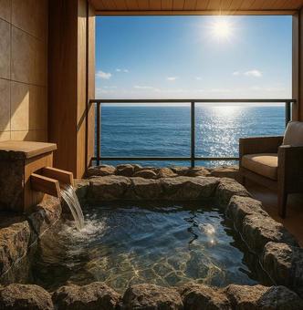 岩風呂の客室露天風呂と海の絶景 岩風呂の客室露天風呂と海の絶景の写真