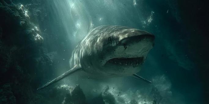 光が差し込む深海を泳ぐ、巨大なサメ 光が差し込む深海を泳ぐ、巨大なサメの写真