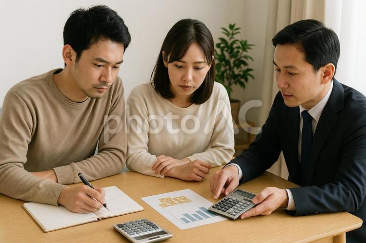 家計簿見直す若夫婦とFP 家計簿,見直し,若夫婦の写真素材