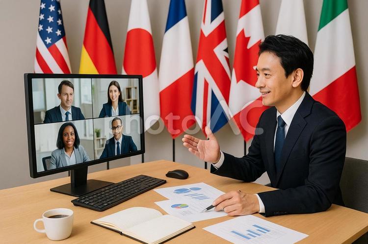 グローバルWeb会議　多国旗ミーティング web会議,グローバル会議,オンライン会議の写真素材