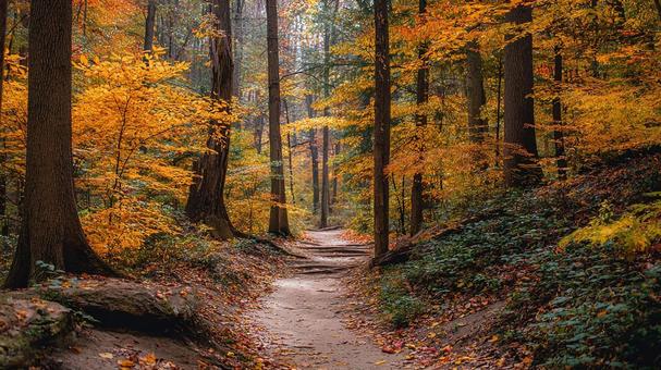 鮮やかな紅葉が続く道 鮮やかな紅葉が続く道の写真