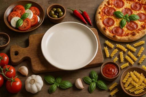 イタリア料理の食材とテーブルセッティング イタリア料理の食材とテーブルセッティングの写真