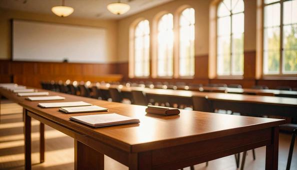 講習会の準備で書類が机に置かれた会場の写真