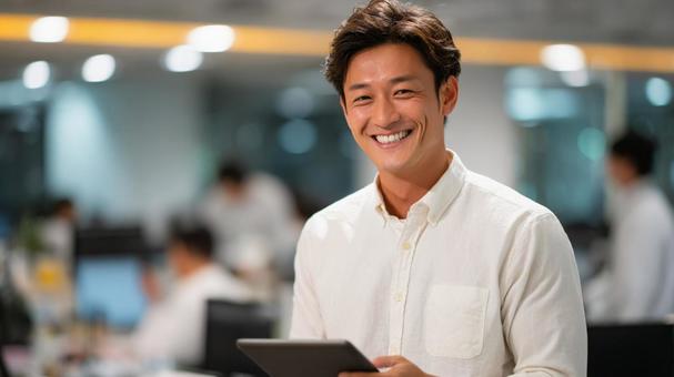 タブレットを持つ男性 タブレットを持つ男性の写真