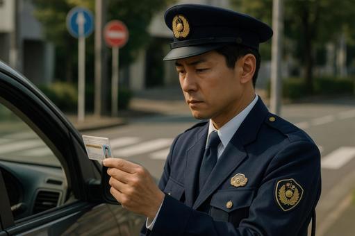 運転免許証を確認する警察官 運転免許証を確認する警察官の写真