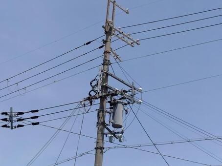 電信柱 電柱,電線,柱上トランスの写真素材