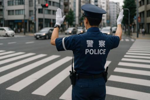 交差点で交通整理する警察官 交差点で交通整理する警察官の写真