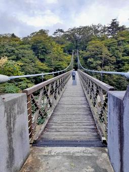 橋を渡る高齢男性*旅行 橋を渡る高齢男性*旅行 橋,吊橋,七ツ岩吊橋の写真素材