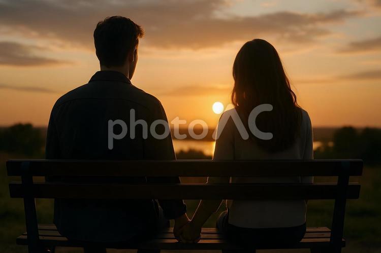 夕暮れの恋人たち カップル,夕日,ベンチの写真素材