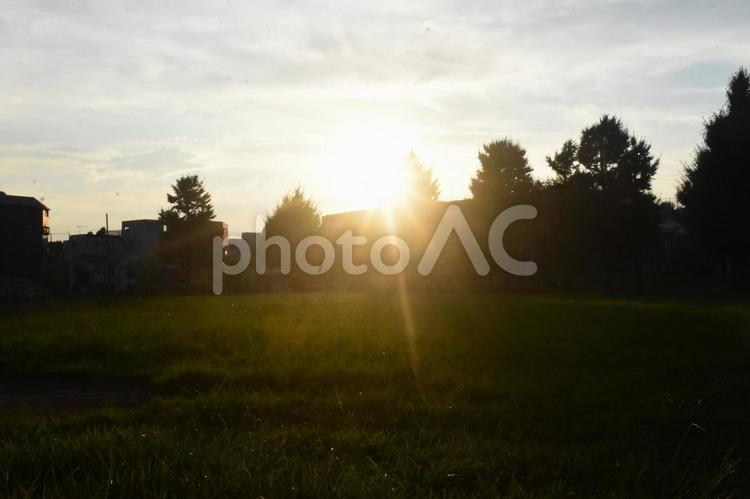 町の風景 町,草,夕日の写真素材