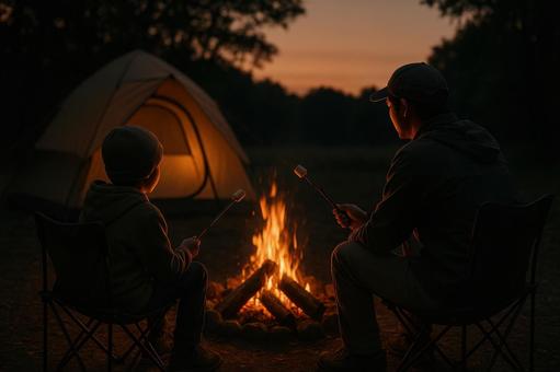焚き火を囲む親子キャンパー 焚き火を囲む親子キャンパーの写真