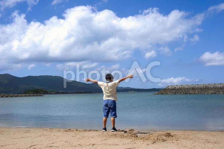 ※＜素材＞夏の海を眺める元気な男の子 子供,男性,人物の写真素材