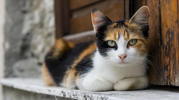 寝そべる三毛猫 寝そべる三毛猫の写真
