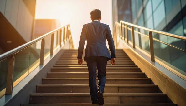 階段を登るビジネスマンの後ろ姿 階段を登るビジネスマンの後ろ姿の写真