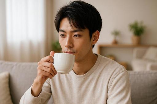 白湯を飲む若い男性 白湯を飲む若い男性の写真