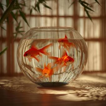 窓からの光が差し込む穏やかな金魚鉢の情景 窓からの光が差し込む穏やかな金魚鉢の情景の写真