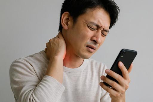 首に痛みを感じながらスマホを見る男性 首に痛みを感じながらスマホを見る男性の写真