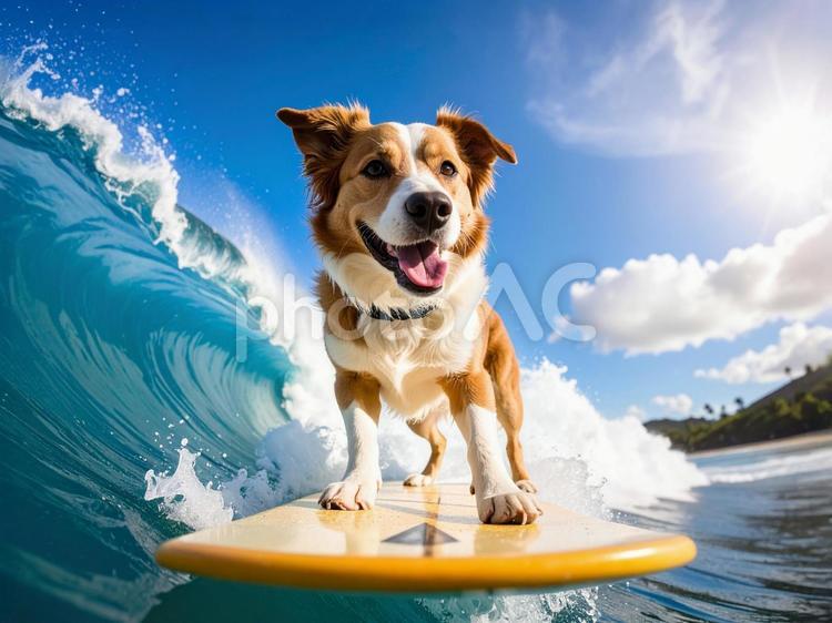 サーフィンを楽しむ犬　AI生成画像  犬,サーフィン,海の写真素材