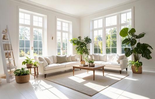 朝日の入る明るいリビングの写真