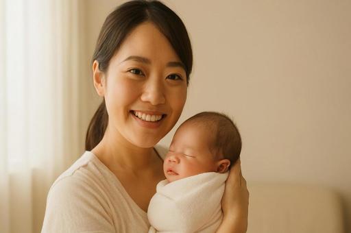 赤ちゃんを抱く笑顔のママ・母親・子育て 赤ちゃんを抱く笑顔のママ・母親・子育ての写真