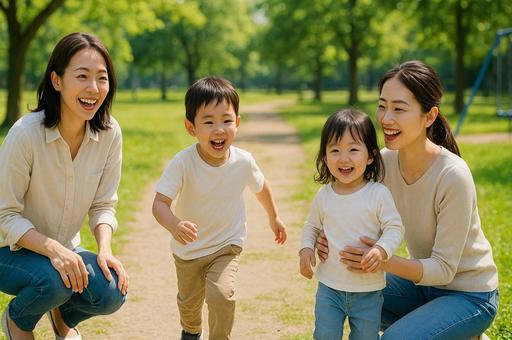 公園で遊ぶ親子とママ友・子供・育児・幼児 公園で遊ぶ親子とママ友・子供・育児・幼児の写真