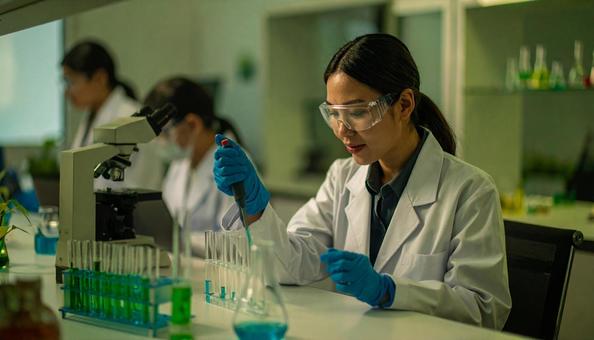 研究所で実験をする女性の研究者 研究所で実験をする女性の研究者の写真