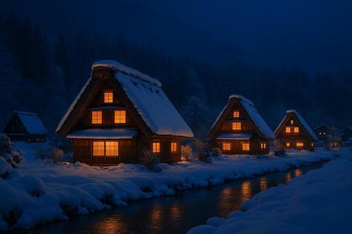 雪化粧した合掌造り集落 雪化粧した合掌造り集落の写真