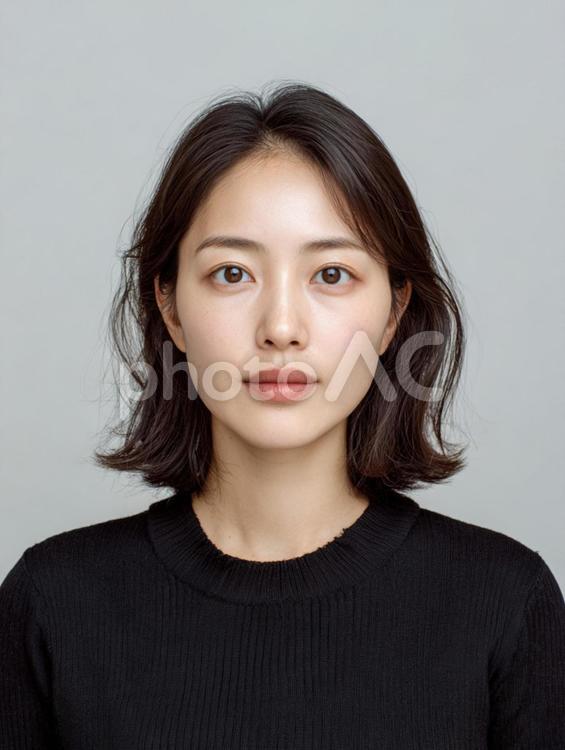 証明写真風な構図の正面を向いた女性 女性,人物,無地背景の写真素材
