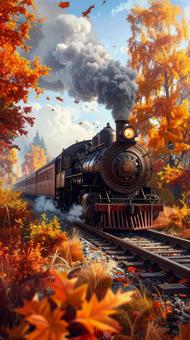 秋の紅葉とスチームパンクな列車 秋の紅葉とスチームパンクな列車の写真